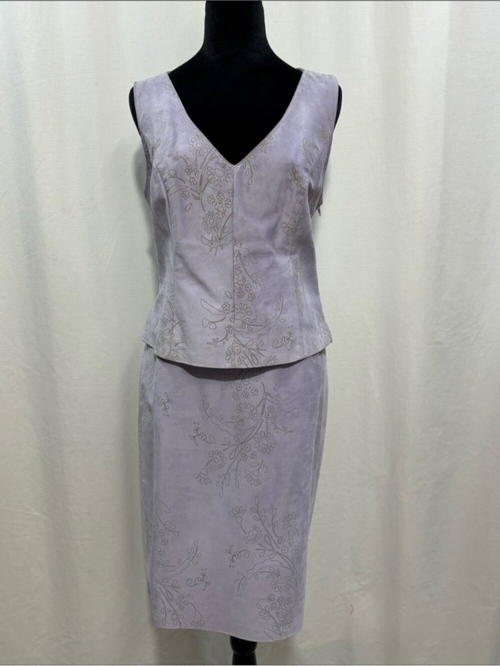 Danier Lavender Purple Floral Pencil Suede Skirt & Top Set party wedding Office